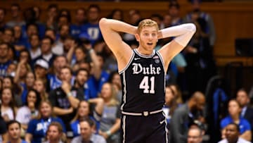 DURHAM, NORTH CAROLINA - JANUARY 11: Jack White #41 of the Duke Blue Devils reacts after being called for a foul against the Wake Forest Demon Deacons during the second half of their game at Cameron Indoor Stadium on January 11, 2020 in Durham, North Carolina. (Photo by Grant Halverson/Getty Images)