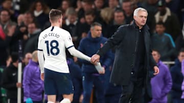 Tottenham Hotspur manager Jose Mourinho (right) shake hands with player Giovani Lo Celso after the final whistle Tottenham Hotspur v Liverpool - Premier League - Tottenham Hotspur Stadium 11-01-2020 . (Photo by Adam Davy/EMPICS/PA Images via Getty Images)