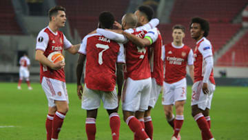 PIRAEUS, GREECE - FEBRUARY 25: Players of Arsenal FC celebrate after the UEFA Europa League Round of 32 match between Arsenal FC and SL Benfica at Karaiskakis Stadium on February 25, 2021 in Piraeus, Greece. (Photo by MB Media/Getty Images)