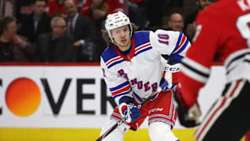 CHICAGO, ILLINOIS - FEBRUARY 19: Artemi Panarin #10 of the New York Rangers looks to pass against the Chicago Blackhawks at the United Center on February 19, 2020 in Chicago, Illinois. (Photo by Jonathan Daniel/Getty Images)