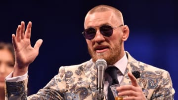 LAS VEGAS, NV - AUGUST 25: Conor McGregor speaks to the media during a news conference after Mayweather's 10th-round TKO victory in their super welterweight boxing match on August 26, 2017 at T-Mobile Arena in Las Vegas, Nevada. (Photo by Jeff Bottari/Zuffa LLC/Zuffa LLC via Getty Images)