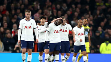 LONDON, ENGLAND - FEBRUARY 05: Tanguy Ndombele of Tottenham Hotspur celebrates scoring his teams first goal during the FA Cup Fourth Round Replay match between Tottenham Hotspur and Southampton FC at Tottenham Hotspur Stadium on February 05, 2020 in London, England. (Photo by Chloe Knott - Danehouse/Getty Images)