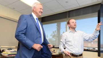 PLAYA VISTA, CA- JUNE 19: Lawrence Frank, Executive Vice President of Basketball Operations of the Los Angeles Clippers with Jerry West as Special Consultant at a press conference in Playa Vista, California. NOTE TO USER: User expressly acknowledges and agrees that, by downloading and or using this photograph, User is consenting to the terms and conditions of the Getty Images License Agreement. Mandatory Copyright Notice: Copyright 2016 NBAE (Photo by Andrew D. Bernstein/NBAE via Getty Images)