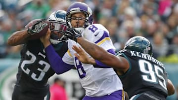 PHILADELPHIA, PA - OCTOBER 23: Rodney McLeod #23 of the Philadelphia Eagles forces the fumble on Sam Bradford #8 of the Minnesota Vikings as Mychal Kendricks #95 of the Philadelphia Eagles pressures in the second quarter during a NFL game at Lincoln Financial Field on October 23, 2016 in Philadelphia, Pennsylvania. The Eagles defeated the Vikings 21-10. (Photo by Rich Schultz/Getty Images)
