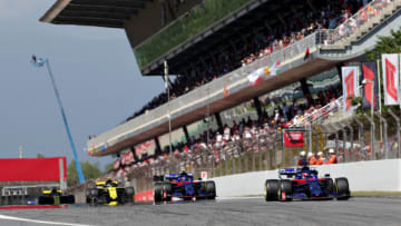 BARCELONA, SPAIN - MAY 12: Daniil Kvyat driving the (26) Scuderia Toro Rosso STR14 Honda leads Alexander Albon of Thailand driving the (23) Scuderia Toro Rosso STR14 Honda on track during the F1 Grand Prix of Spain at Circuit de Barcelona-Catalunya on May 12, 2019 in Barcelona, Spain. (Photo by Peter Fox/Getty Images)