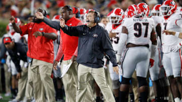 SOUTH BEND, IN - SEPTEMBER 09: Georgia Bulldogs head coach Kirby Smart looks on during a game against the Notre Dame Fighting Irish at Notre Dame Stadium on September 9, 2017 in South Bend, Indiana. Georgia won 20-19. (Photo by Joe Robbins/Getty Images)