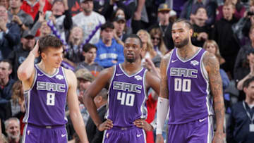 SACRAMENTO, CA - FEBRUARY 8: Bogdan Bogdanovic #8, Harrison Barnes #40 and Willie Cauley-Stein #00 of the Sacramento Kings face the Sacramento Kings on February 8, 2019 at Golden 1 Center in Sacramento, California. NOTE TO USER: User expressly acknowledges and agrees that, by downloading and or using this photograph, User is consenting to the terms and conditions of the Getty Images Agreement. Mandatory Copyright Notice: Copyright 2019 NBAE (Photo by Rocky Widner/NBAE via Getty Images)