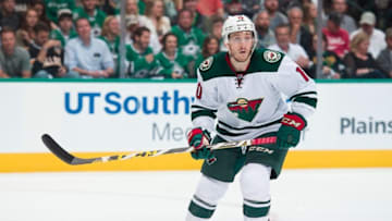 Apr 22, 2016; Dallas, TX, USA; Minnesota Wild center Jordan Schroeder (10) skates against the Dallas Stars in game five of the first round of the 2016 Stanley Cup Playoffs at the American Airlines Center. The Wild defeat the Stars 5-4. Mandatory Credit: Jerome Miron-USA TODAY Sports