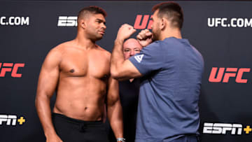 LAS VEGAS, NEVADA - SEPTEMBER 04: In this handout image provided by UFC, (L-R) Opponents Alistair Overeem of the Netherlands and Augusto Sakai of Brazil face off during the UFC Fight Night weigh-in at UFC APEX on September 04, 2020 in Las Vegas, Nevada. (Photo by Chris Unger/Zuffa LLC via Getty Images)