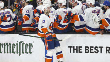 BOSTON, MA - JUNE 7: Mathew Barzal #13 of the New York Islanders celebrates with teammates after scoring in the first period in Game Five of the Second Round of the 2021 Stanley Cup Playoffs against the Boston Bruins at TD Garden on June 7, 2021 in Boston, Massachusetts. (Photo by Adam Glanzman/Getty Images)
