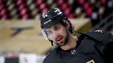 LAS VEGAS, NEVADA - FEBRUARY 05: Nicolas Hague #14 of the Vegas Golden Knights warms up before a game against the Los Angeles Kings at T-Mobile Arena on February 5, 2021 in Las Vegas, Nevada. The Golden Knights defeated the Kings 5-2. (Photo by Ethan Miller/Getty Images)