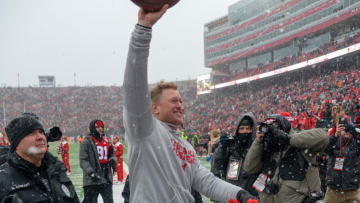 LINCOLN, NE - NOVEMBER 17: Head coach Scott Frost of the Nebraska Cornhuskers celebrates the win against the Michigan State Spartans at Memorial Stadium on November 17, 2018 in Lincoln, Nebraska. (Photo by Steven Branscombe/Getty Images)
