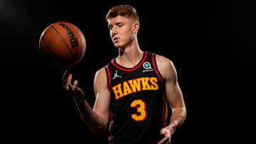 Sep 27, 2021; Atlanta, GA, USA; Atlanta Hawks guard Kevin Huerter (3) pictured at Hawks Media Day held at PC&E. Mandatory Credit: Dale Zanine-USA TODAY Sports