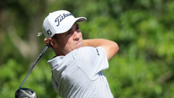 PLAYA DEL CARMEN, MEXICO - DECEMBER 05: Justin Thomas of the United States plays his shot from the 13th tee during the third round of the Mayakoba Golf Classic at El Camaleón Golf Club on December 05, 2020 in Playa del Carmen, Mexico. (Photo by Cliff Hawkins/Getty Images)