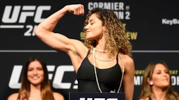 BUFFALO, NY - APRIL 07: Pearl Gonzalez poses on the scale during the UFC 210 weigh-in at the KeyBank Center on April 7, 2017 in Buffalo, New York. (Photo by Josh Hedges/Zuffa LLC/Zuffa LLC via Getty Images)