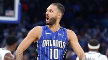 The Orlando Magic's Evan Fournier screams in celebration during a 125-121 win against Brooklyn Nets at the Amway Center in Orlando, Fla., on Tuesday, Oct. 24, 2017. (Stephen M. Dowell/Orlando Sentinel/TNS via Getty Images)