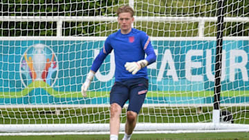 England's goalkeeper Jordan Pickford attends an MD-1 training session at St George's Park in Burton-on-Trent in central England on July 1, 2021 on the eve of their UEFA EURO 2020 championship quarter-final football match against Ukraine. (Photo by JUSTIN TALLIS / AFP) (Photo by JUSTIN TALLIS/AFP via Getty Images)