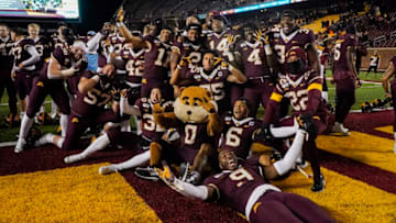 MINNEAPOLIS, MN - OCTOBER 12: University of Minnesota Gophers celebrate post game after the game between the Minnesota Gophers and the University of Nebraska on October 12, 2019, at TCF Bank Stadium in Minneapolis, MN. (Photo by Bryan Singer/Icon Sportswire via Getty Images)