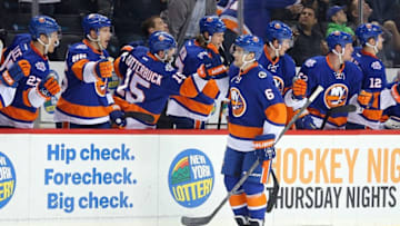 Apr 4, 2016; Brooklyn, NY, USA; New York Islanders defenseman Ryan Pulock (6) gets high fives from the bench after scoring a goal against the Tampa Bay Lightning during the first period at Barclays Center. Mandatory Credit: Brad Penner-USA TODAY Sports