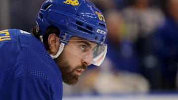 Apr 5, 2022; Buffalo, New York, USA; Buffalo Sabres right wing Alex Tuch (89) Waites for the face-off during the first period against the Carolina Hurricanes at KeyBank Center. Mandatory Credit: Timothy T. Ludwig-USA TODAY Sports