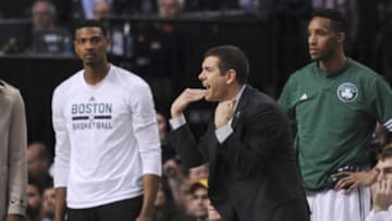 Mar 23, 2016; Boston, MA, USA; Boston Celtics head coach Brad Stevens (C) reacts from the sidelines during the second half against the Toronto Raptors at TD Garden. Mandatory Credit: Bob DeChiara-USA TODAY Sports