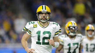 DETROIT, MI - DECEMBER 29: Aaron Rodgers #12 of the Green Bay Packers celebrates his touchdown pass to Davante Adams #17 of the Green Bay Packers in the third quarter against the Detroit Lions at Ford Field on December 29, 2019 in Detroit, Michigan. (Photo by Rey Del Rio/Getty Images)