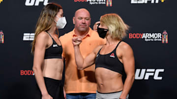 LAS VEGAS, NEVADA - SEPTEMBER 11: In this handout image provided by UFC, (L-R) Opponents Sabina Mazo of Colombia and Justine Kish of Russia face off during the UFC Fight Night weigh-in at UFC APEX on September 11, 2020 in Las Vegas, Nevada. (Photo by Jeff Bottari/Zuffa LLC via Getty Images)