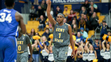 KENT, OH - JANUARY 30: Kent State Golden Flashes center Adonis De La Rosa (1) celebrates after scoring with a jump shot during the second half of the men's college basketball game between the Buffalo Bulls and Kent State Golden Flashes on January 30, 2018, at the Memorial Athletic and Convocation Center in Kent, OH. (Photo by Frank Jansky/Icon Sportswire via Getty Images)