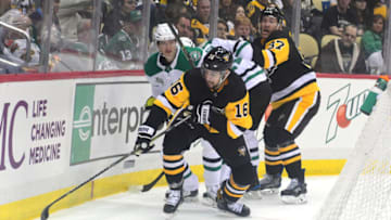 PITTSBURGH, PA - MARCH 11: Josh Jooris #16 of the Pittsburgh Penguins skates with the puck against the Dallas Stars at PPG PAINTS Arena on March 11, 2018 in Pittsburgh, Pennsylvania. (Photo by Matt Kincaid/Getty Images)