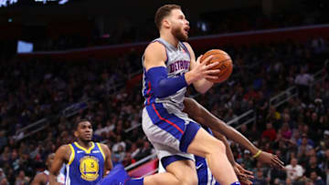 DETROIT, MICHIGAN - DECEMBER 01: Blake Griffin #23 of the Detroit Pistons takes a shot around Kevin Durant #35 of the Golden State Warriorsat Little Caesars Arena on December 01, 2018 in Detroit, Michigan. Detroit won the game 111-102. NOTE TO USER: User expressly acknowledges and agrees that, by downloading and or using this photograph, User is consenting to the terms and conditions of the Getty Images License Agreement. (Photo by Gregory Shamus/Getty Images)