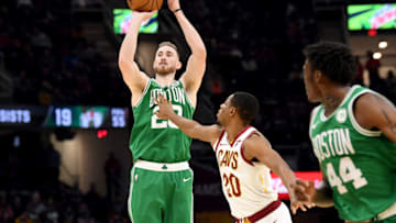 CLEVELAND, OHIO - NOVEMBER 05: Gordon Hayward #20 of the Boston Celtics shoots over Brandon Knight #20 of the Cleveland Cavaliers during the second half at Rocket Mortgage Fieldhouse on November 05, 2019 in Cleveland, Ohio. The Celtics defeated the Cavaliers 119-113. NOTE TO USER: User expressly acknowledges and agrees that, by downloading and/or using this photograph, user is consenting to the terms and conditions of the Getty Images License Agreement. (Photo by Jason Miller/Getty Images)
