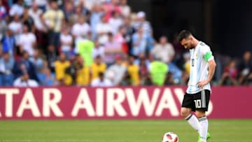 KAZAN, RUSSIA - JUNE 30: Lionel Messi of Argentina looks dejected during the 2018 FIFA World Cup Russia Round of 16 match between France and Argentina at Kazan Arena on June 30, 2018 in Kazan, Russia. (Photo by Laurence Griffiths/Getty Images)