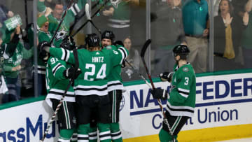 DALLAS, TX - MAY 05: The Dallas Stars celebrate a goal during game 6 of the second round of the Stanley Cup Playoffs between the St. Louis Blues and the Dallas Stars on May 05, 2019 at American Airlines Center in Dallas, TX. (Photo by Steve Nurenberg/Icon Sportswire via Getty Images)
