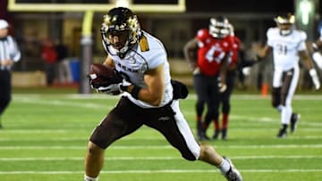 Nov 18, 2015; DeKalb, IL, USA; Western Michigan Broncos wide receiver Daniel Braverman (8) makes a catch against the Northern Illinois Huskies during the second quarter at Huskie Stadium. Mandatory Credit: Mike DiNovo-USA TODAY Sports