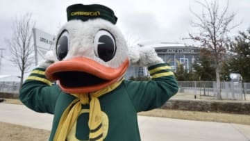 Jan 12, 2015; Arlington, TX, USA; Oregon Ducks mascot poses for a photo prior to the 2015 CFP National Championship Game at AT&T Stadium. Mandatory Credit: Jerome Miron-USA TODAY Sports