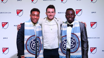 13 January 2017: Jonathan Lewis (Akron) (Generation Adidas) (left) was taken #3 overall and Kwame Awuah (Connecticut) (CAN) (right) #16 overall, were both selected by New York City FC. With new teammate and 2016 SuperDraft #1 pick Jack Harrison (ENG) (center). The 2017 MLS SuperDraft was held at The Los Angeles Convention Center in Los Angeles, California as part of the annual NSCAA Convention. (Photo by Andy Mead/YCJ/Icon Sportswire via Getty Images)