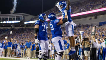 Kentucky receiver Dane Key (6) celebrates with offensive linemen Jager Burton (62) and David Wohlabaugh Jr. (74) (Credit: Jordan Prather-USA TODAY Sports)