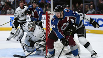 DENVER, CO MARCH 22: Colorado Avalanche center Nathan MacKinnon (29) skates the puck behind the Los Angeles Kings goal during the first period on March 22, 2018 at Pepsi Center in Denver, Colorado. (Photo by John Leyba/The Denver Post via Getty Images)