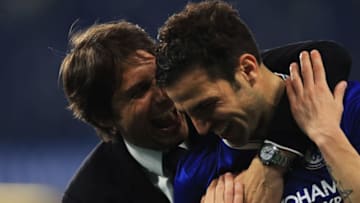 LONDON, ENGLAND - MAY 15: Antonio Conte, Manager of Chelsea speaks to Cesc Fabregas of Chelsea after the Premier League match between Chelsea and Watford at Stamford Bridge on May 15, 2017 in London, England. (Photo by Richard Heathcote/Getty Images)