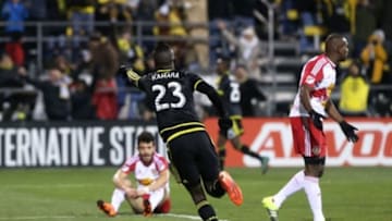 Nov 22, 2015; Columbus, OH, USA; Columbus Crew forward Kei Kamara (23) reacts to scoring a goal against the New York Red Bulls in the second half of leg one of the Eastern Conference championship at Mapfre Stadium. The Crew won 2-0. Mandatory Credit: Aaron Doster-USA TODAY Sports