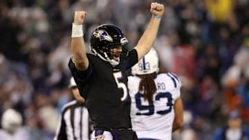 BALTIMORE, MD - DECEMBER 23: Quarterback Joe Flacco #5 of the Baltimore Ravens celebrates after a touchdown in the fourth quarter against the Indianapolis Colts at M&T Bank Stadium on December 23, 2017 in Baltimore, Maryland. (Photo by Patrick Smith/Getty Images)
