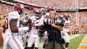 Oct 15, 2016; Knoxville, TN, USA; Alabama Crimson Tide defensive back Eddie Jackson (4) celebrates his punt return for a 79yd touchdown against the Tennessee Volunteers during the fourth quarter at Neyland Stadium. Mandatory Credit: John David Mercer-USA TODAY Sports