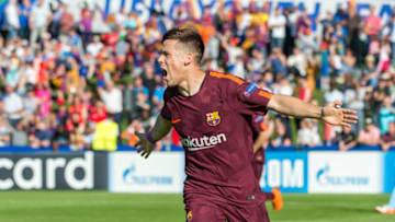 NYON, SWITZERLAND - APRIL 20: #11 Carles Perez of FC Barcelona celebrate his goal during the semi-final football match between Manchester City and FC Barcelona of UEFA Youth League at Colovray Sports Centre on April 20, 2018 in Nyon, Switzerland. (Photo by Monika Majer/Getty Images)