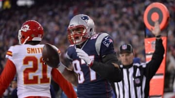 Jan 16, 2016; Foxborough, MA, USA; New England Patriots tight end Rob Gronkowski (87) celebrates after scoring a touchdown against the Kansas City Chiefs during the first quarter in the AFC Divisional round playoff game at Gillette Stadium. Mandatory Credit: Robert Deutsch-USA TODAY Sports