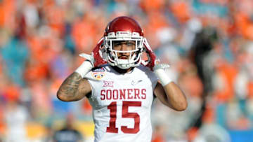Dec 31, 2015; Miami Gardens, FL, USA; Oklahoma Sooners cornerback Zack Sanchez (15) prior to the 2015 CFP semifinal at the Orange Bowl against the Clemson Tigers at Sun Life Stadium. Mandatory Credit: Robert Duyos-USA TODAY Sports