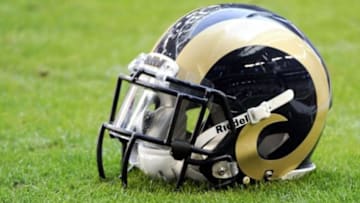 Dec 8, 2013; Phoenix, AZ, USA; A detailed view of a St. Louis Rams helmet during warm ups before the first quarter against the Arizona Cardinals at University of Phoenix Stadium. The Cardinals defeated the rams 30-10. Mandatory Credit: Casey Sapio-USA TODAY Sports