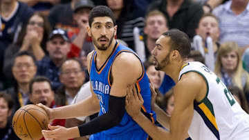 Dec 14, 2016; Salt Lake City, UT, USA; Utah Jazz center Rudy Gobert (27) defends against Oklahoma City Thunder center Enes Kanter (11) during the second half at Vivint Smart Home Arena. The Jazz won 109-89. Mandatory Credit: Russ Isabella-USA TODAY Sports