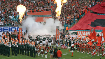 MIAMI GARDENS, FL - SEPTEMBER 8: Team mascot Sebastian the Ibis lead the Miami Hurricanes onto the field for their game against the Savannah State Tigers on September 8, 2018 at Hard Rock Stadium in Miami Gardens, Florida.(Photo by Joel Auerbach/Getty Images)