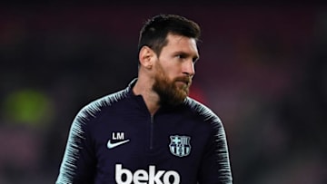BARCELONA, SPAIN - JANUARY 17: Lionel Messi of FC Barcelona looks on during the warm up prior to the Copa del Rey Round of 16 match between FC Barcelona and Levante at Nou Camp on January 17, 2019 in Barcelona, Spain. (Photo by David Ramos/Getty Images)