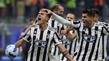 MILAN, ITALY - OCTOBER 24: Paulo Dybala of Juventus celebrates after scoring his team's first goal during the Serie A match between FC Internazionale and Juventus at Stadio Giuseppe Meazza on October 24, 2021 in Milan, Italy. (Photo by Emmanuele Ciancaglini/CPS Images/Getty Images)